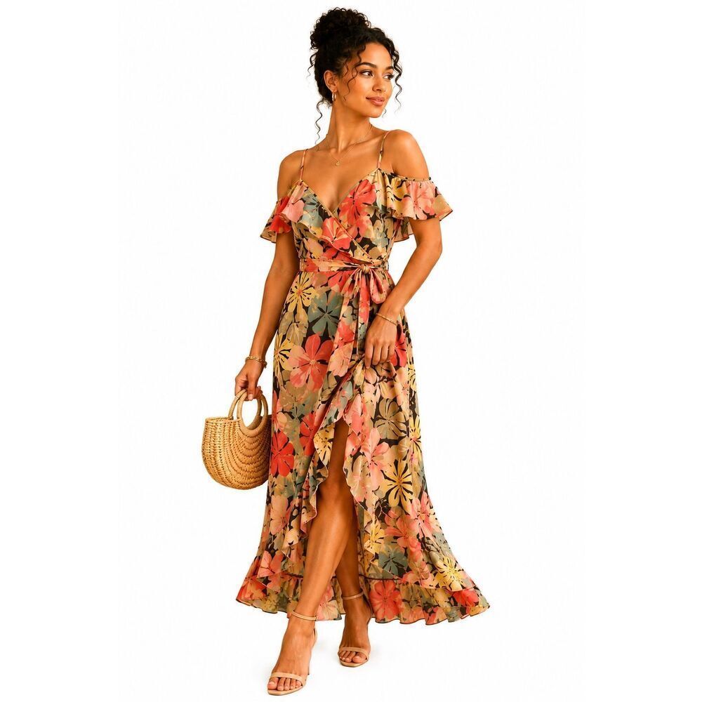 Charlotte Russe Tropical Floral Off Shoulder Ruffle High Low Maxi Dress Large